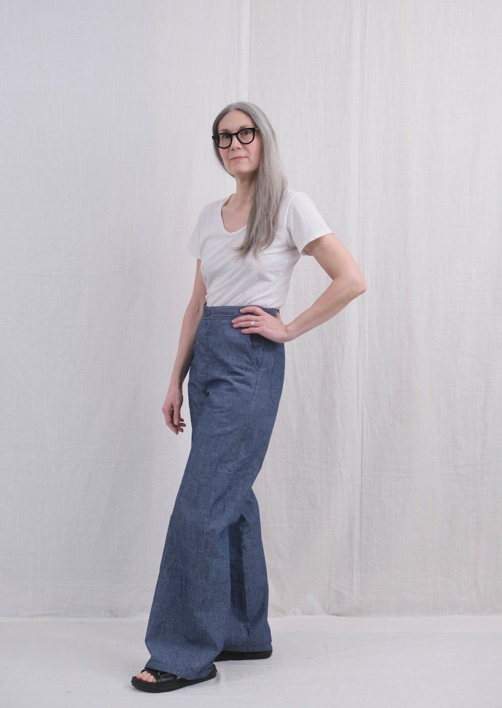 Chambray long sailor pant on model side view