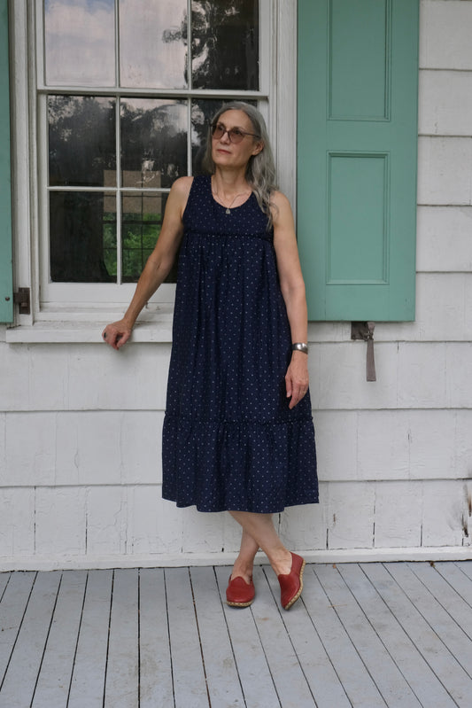 Tiered Chemise Navy Silk Ikat Dot