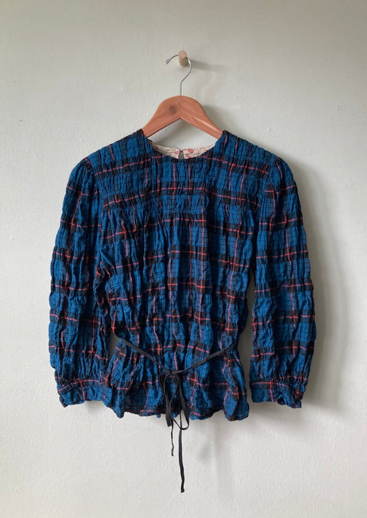 Shirred Plaid Blouse, Hanging Front