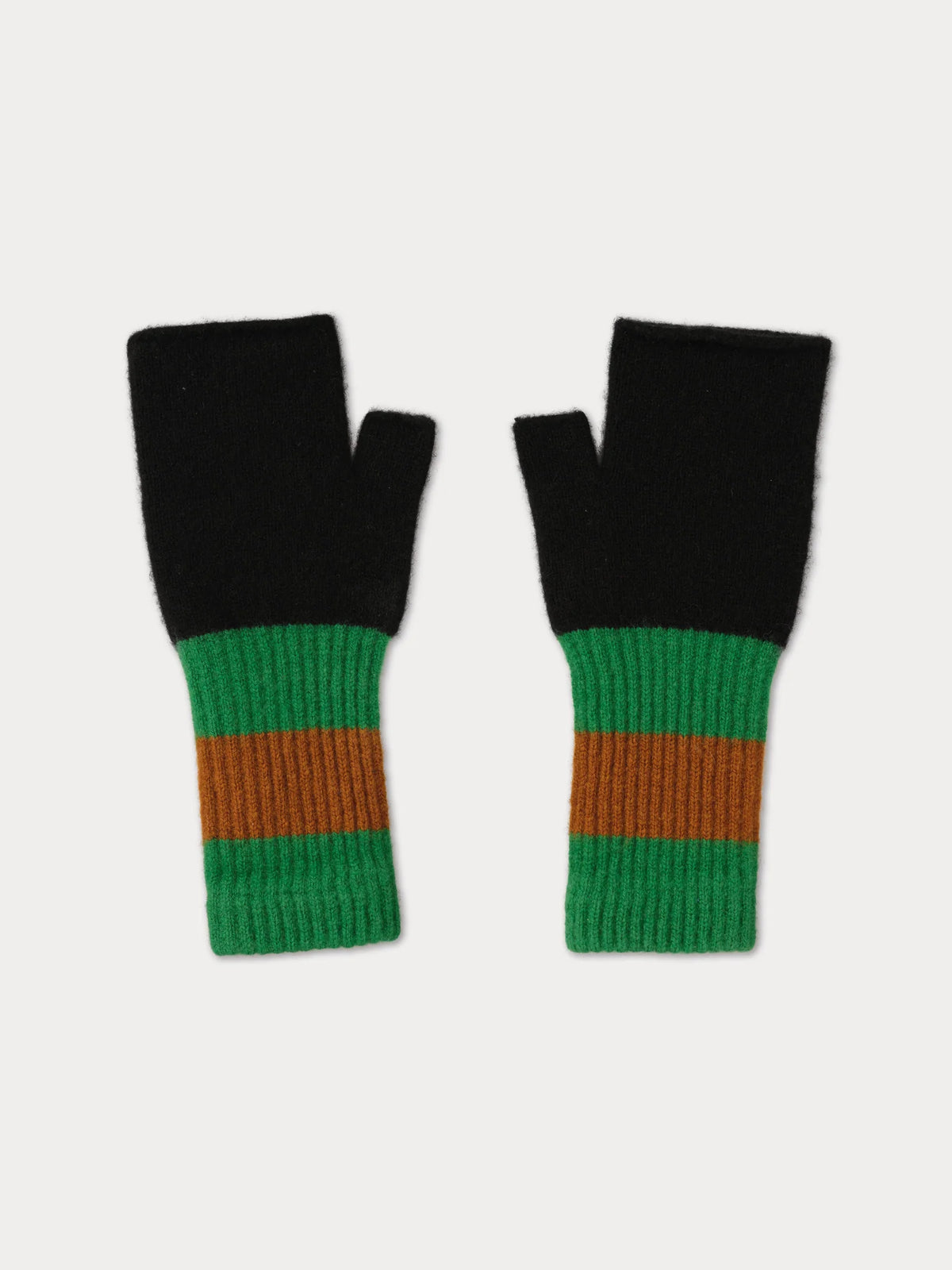 Black fingerless gloves with green and brown striped cuffs on a white background