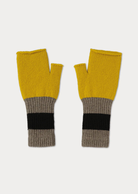 Pair of mustard yellow and gray fingerless gloves on a light gray background
