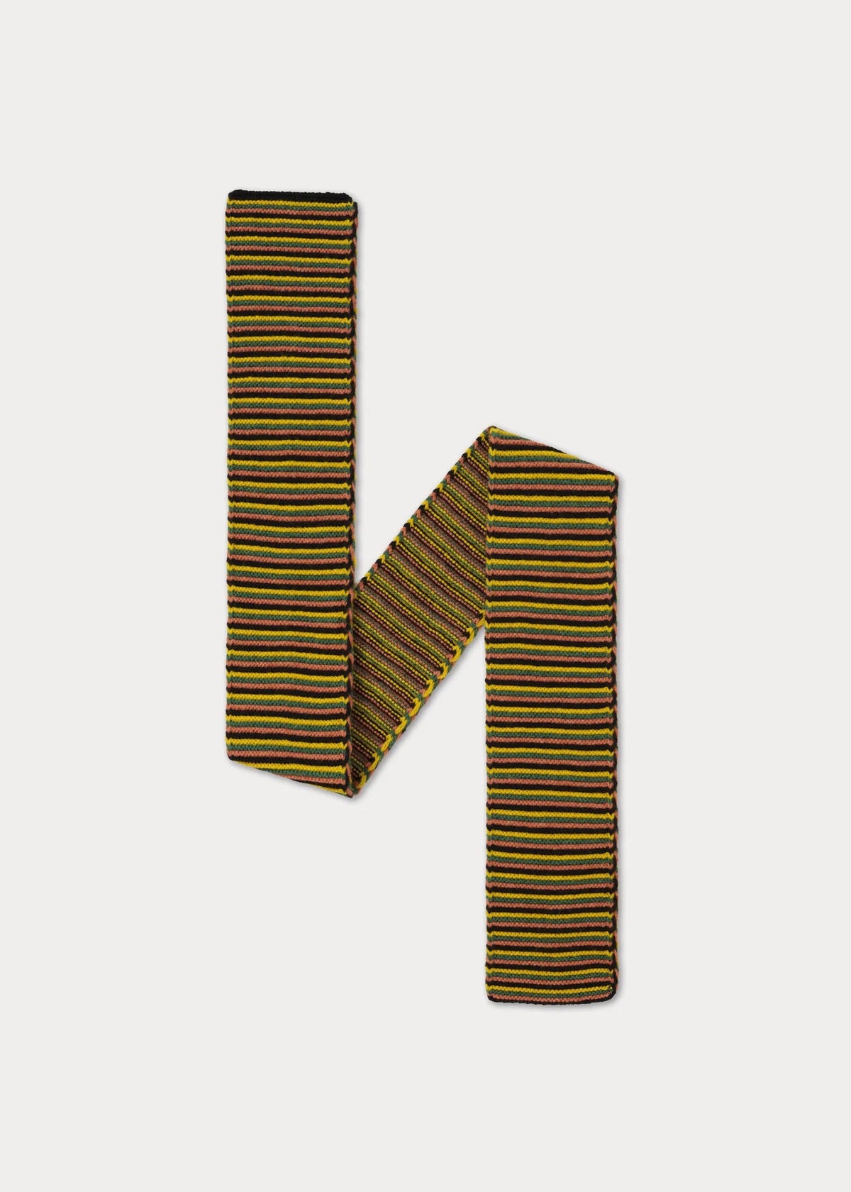 A striped knit scarf folded into an 'H' shape, featuring horizontal stripes of yellow, black, and thin red lines, on a light gray background.